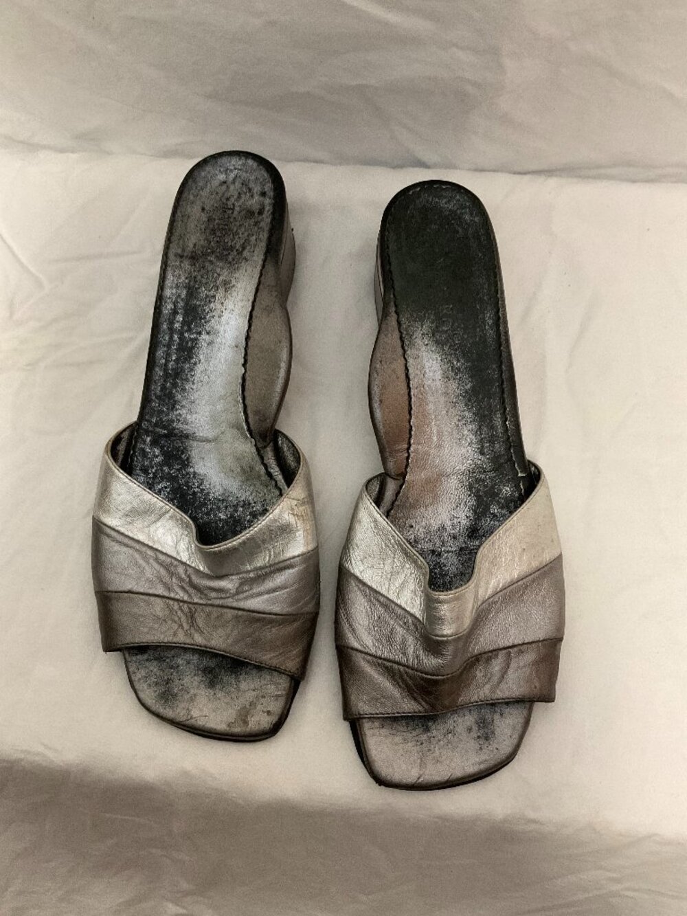 Taryn Rose Pewter Metallic Leather Slide Sandals